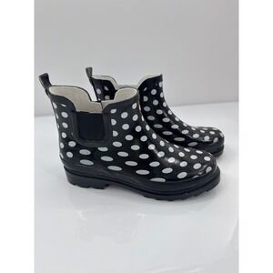 Star Bay Womens Black White Polka Dot Rubber Rain Boots Ankle Chelsea Size 7